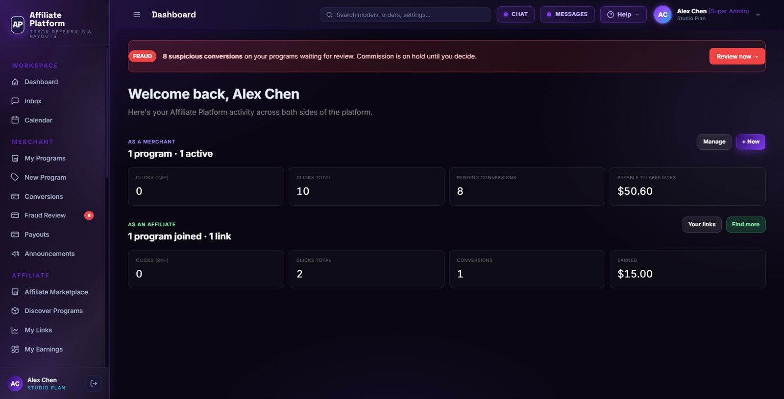 Merchant + affiliate in one view