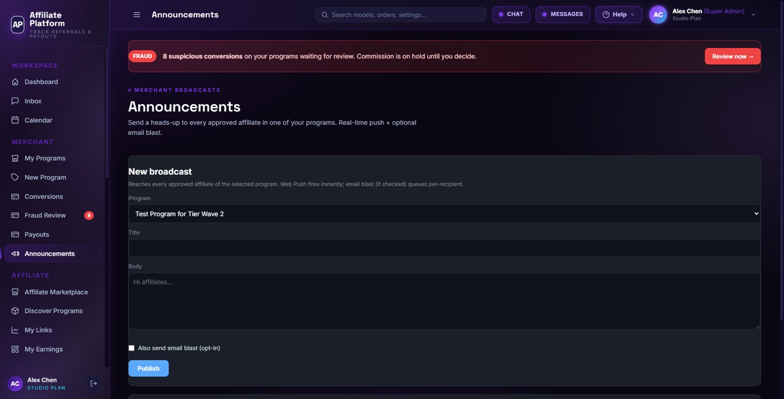 Broadcast to your affiliates