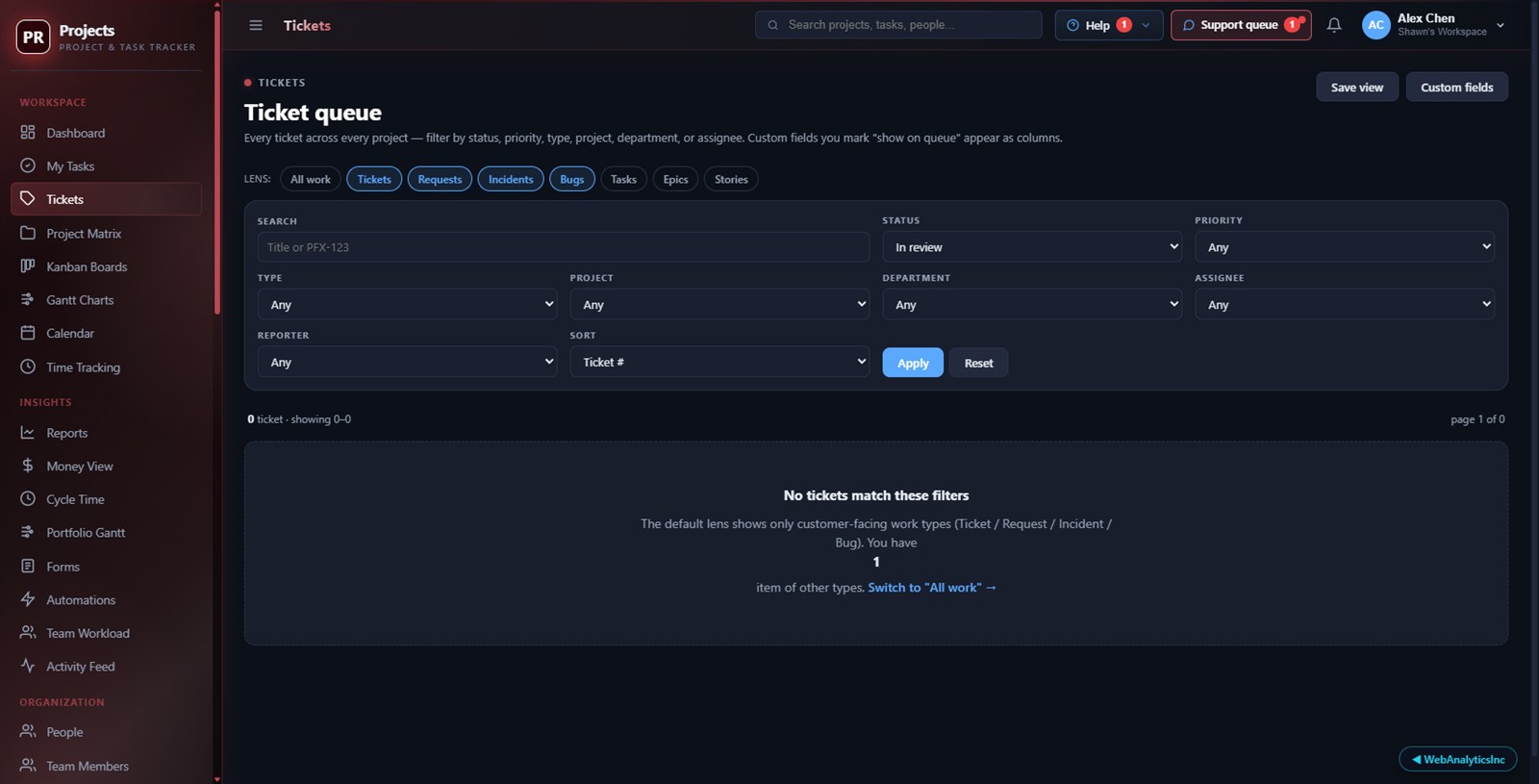 Customer tickets alongside tasks